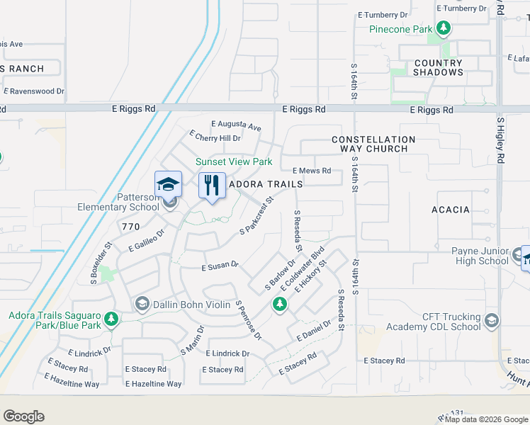 map of restaurants, bars, coffee shops, grocery stores, and more near 7474 South Parkcrest Street in Gilbert