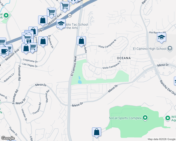 map of restaurants, bars, coffee shops, grocery stores, and more near 93 Vista Campana South in Oceanside