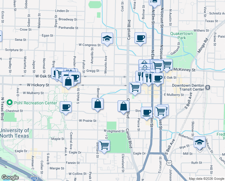 map of restaurants, bars, coffee shops, grocery stores, and more near 721 West Hickory Street in Denton