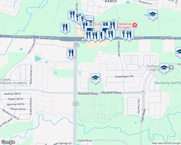 map of restaurants, bars, coffee shops, grocery stores, and more near 1394 Gordon Heights Lane in Frisco