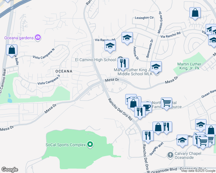 map of restaurants, bars, coffee shops, grocery stores, and more near 3901 Mesa Drive in Oceanside