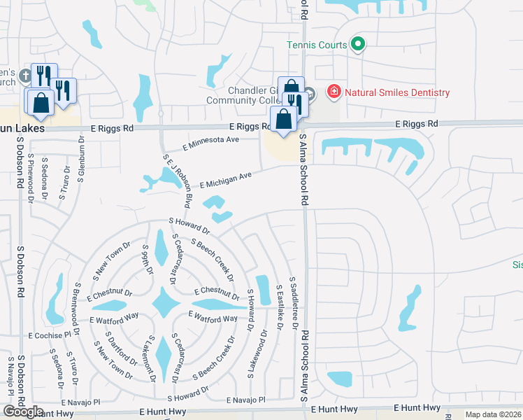map of restaurants, bars, coffee shops, grocery stores, and more near 10254 East Spring Creek Road in Sun Lakes