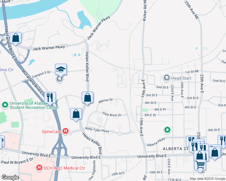 map of restaurants, bars, coffee shops, grocery stores, and more near A104 Helen Keller Boulevard in Tuscaloosa