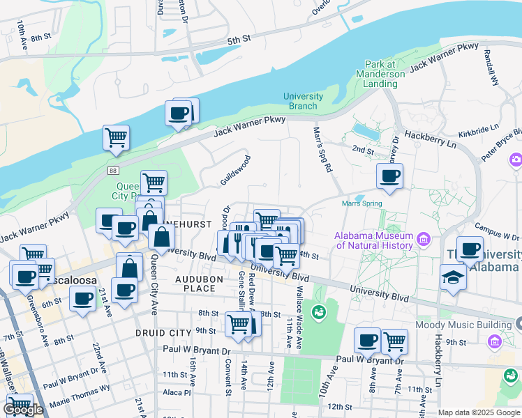map of restaurants, bars, coffee shops, grocery stores, and more near 1214 Riverside Drive in Tuscaloosa
