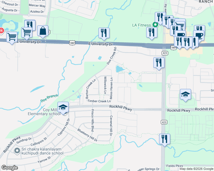 map of restaurants, bars, coffee shops, grocery stores, and more near 16435 Willowick Lane in Little Elm