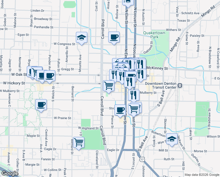 map of restaurants, bars, coffee shops, grocery stores, and more near 309 West Hickory Street in Denton