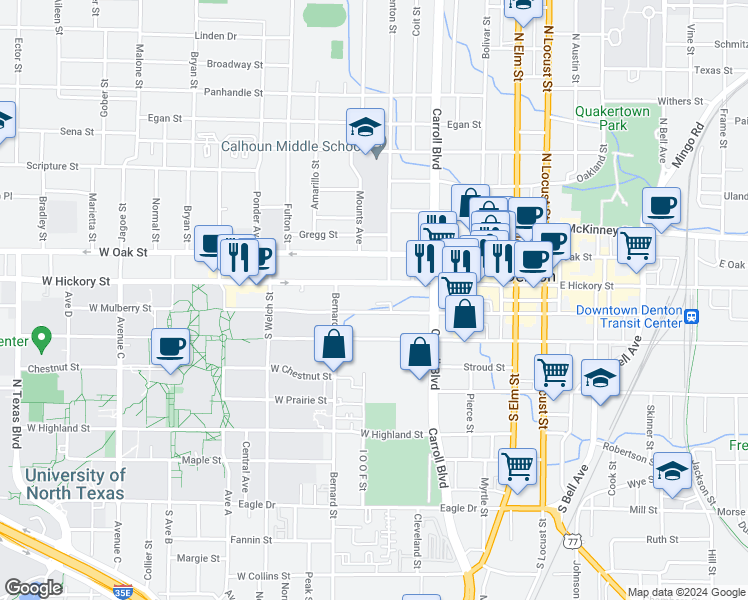 map of restaurants, bars, coffee shops, grocery stores, and more near 721 West Hickory Street in Denton
