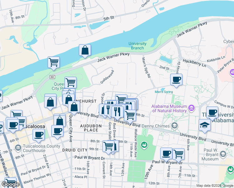map of restaurants, bars, coffee shops, grocery stores, and more near 1309 Riverside Drive in Tuscaloosa