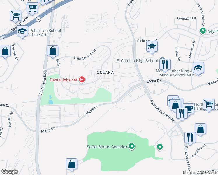 map of restaurants, bars, coffee shops, grocery stores, and more near 3839 Vista Campana North in Oceanside