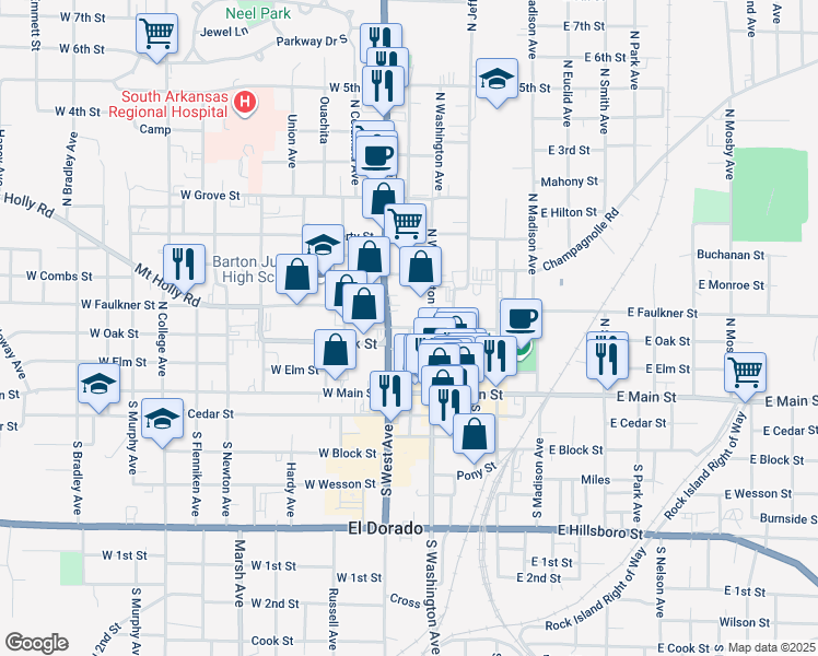 map of restaurants, bars, coffee shops, grocery stores, and more near 200 West Peach Street in El Dorado