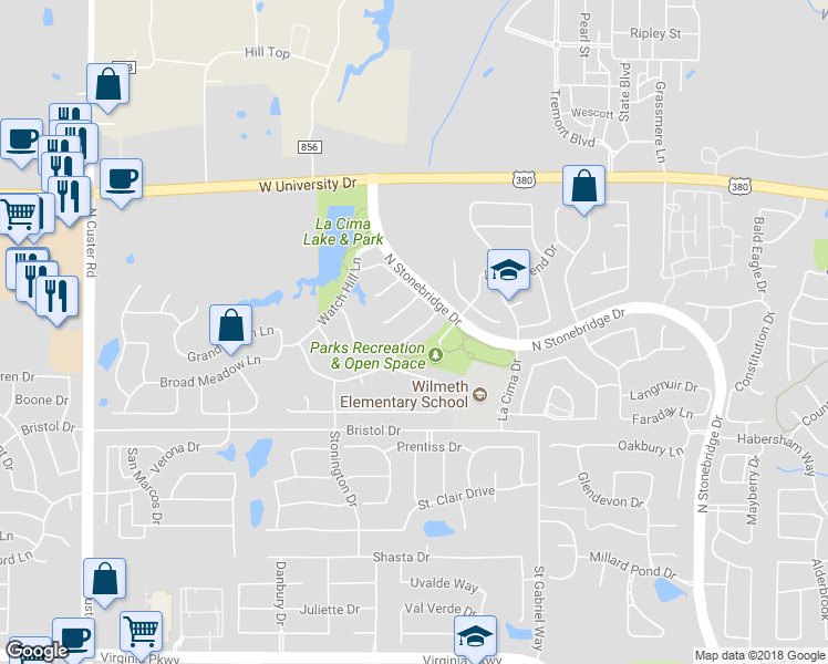 map of restaurants, bars, coffee shops, grocery stores, and more near 1500 Roxboro Lane in McKinney