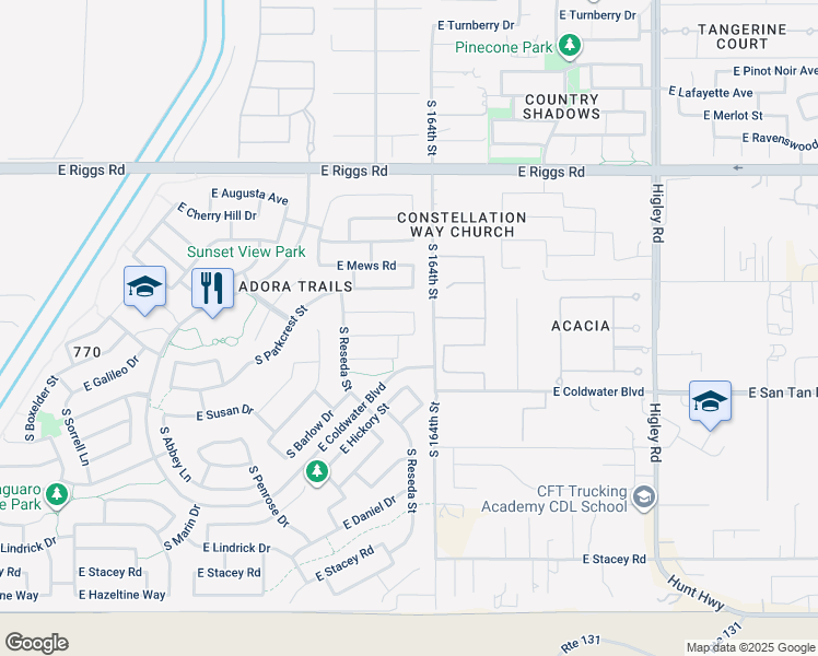 map of restaurants, bars, coffee shops, grocery stores, and more near 2770 East Indian Wells Drive in Gilbert