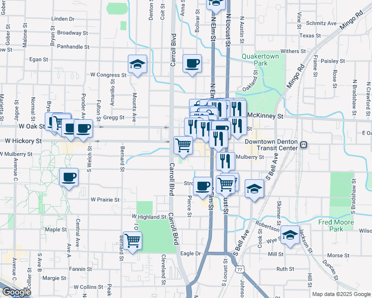 map of restaurants, bars, coffee shops, grocery stores, and more near 321 West Hickory Street in Denton