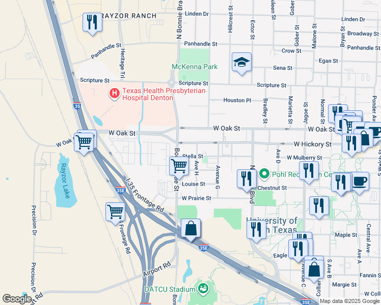 map of restaurants, bars, coffee shops, grocery stores, and more near 120 Avenue H in Denton