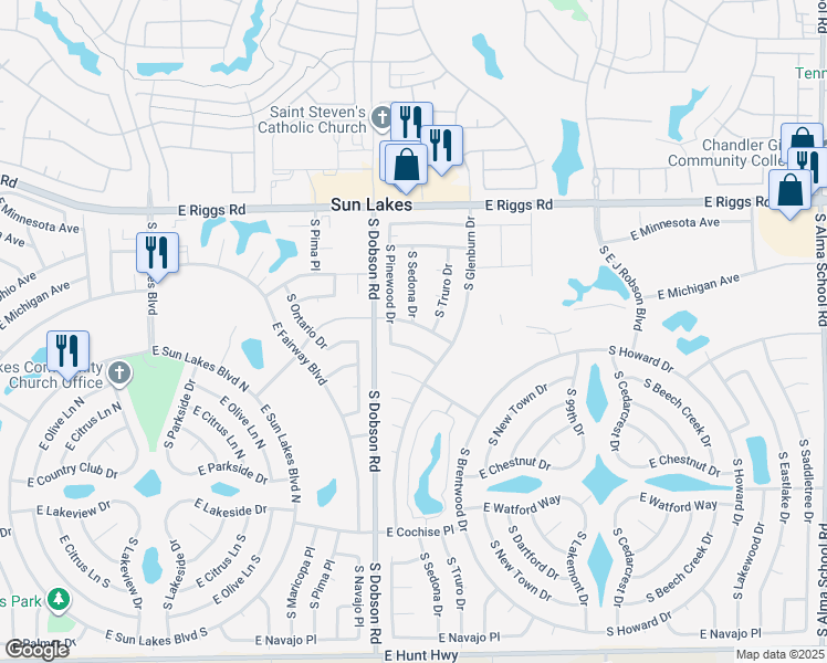 map of restaurants, bars, coffee shops, grocery stores, and more near 25450 South Sedona Drive in Sun Lakes