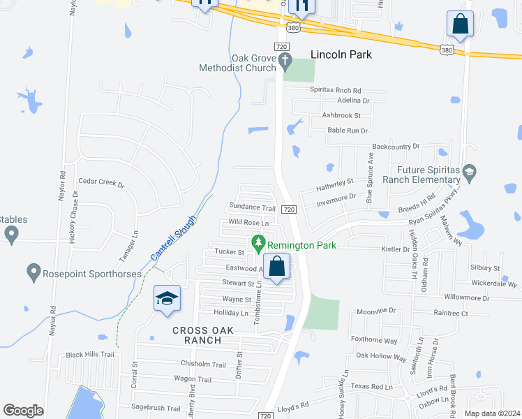 map of restaurants, bars, coffee shops, grocery stores, and more near 9044 Sundance Trail in Aubrey