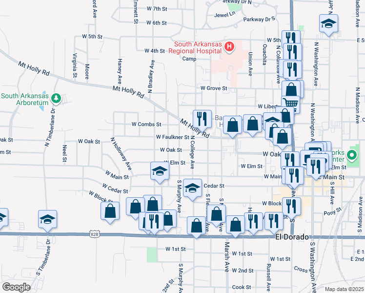 map of restaurants, bars, coffee shops, grocery stores, and more near 901 West Faulkner Street in El Dorado