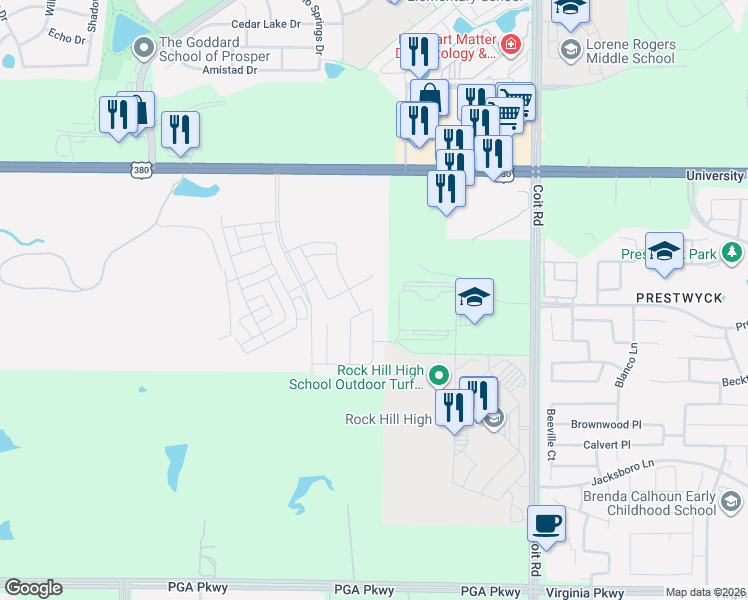 map of restaurants, bars, coffee shops, grocery stores, and more near 2147 East University Drive in Prosper