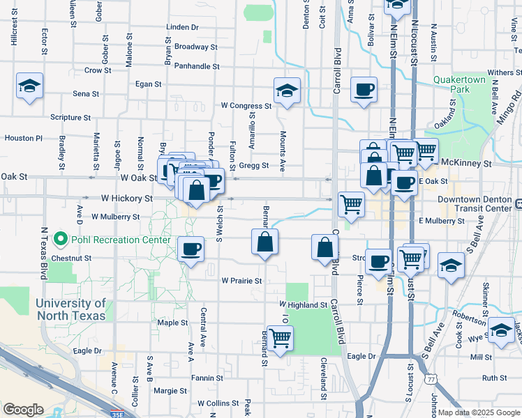 map of restaurants, bars, coffee shops, grocery stores, and more near 114 Bernard Street in Denton