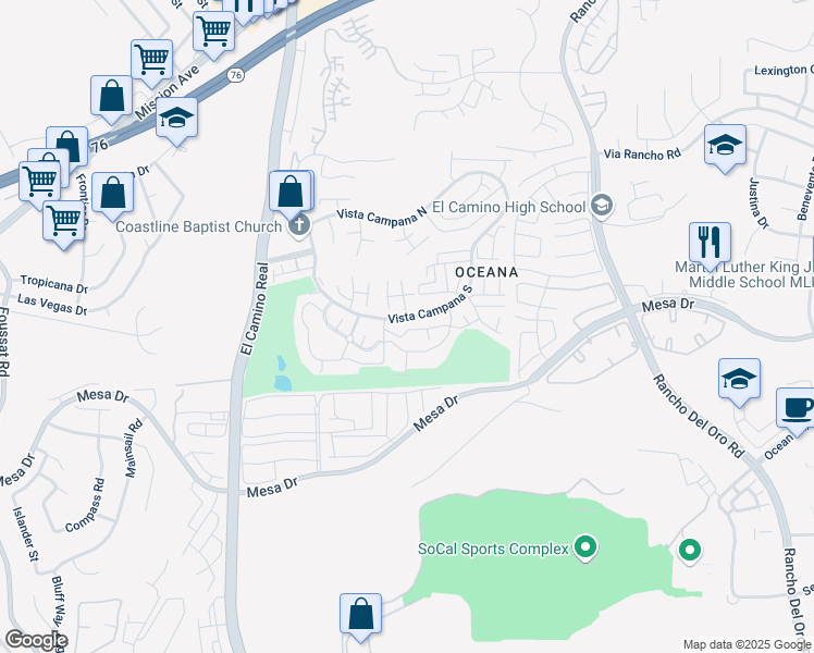map of restaurants, bars, coffee shops, grocery stores, and more near 3760 Vista Campana South in Oceanside