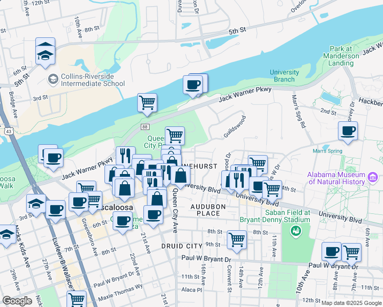 map of restaurants, bars, coffee shops, grocery stores, and more near 1706 3rd Street in Tuscaloosa