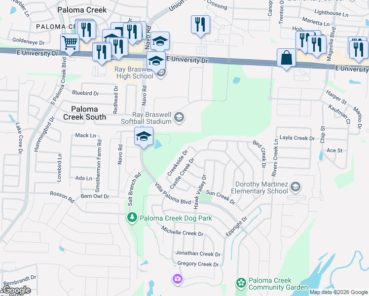 map of restaurants, bars, coffee shops, grocery stores, and more near 600 Creekside Drive in Little Elm
