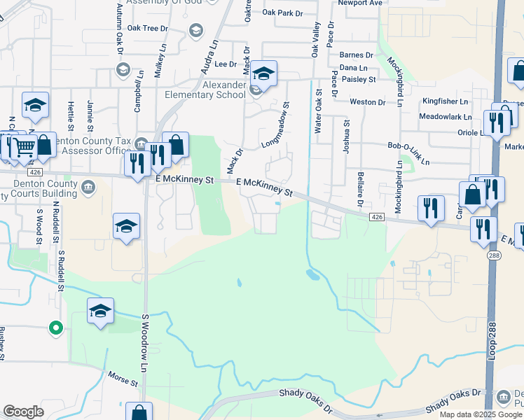 map of restaurants, bars, coffee shops, grocery stores, and more near 2420 East McKinney Street in Denton