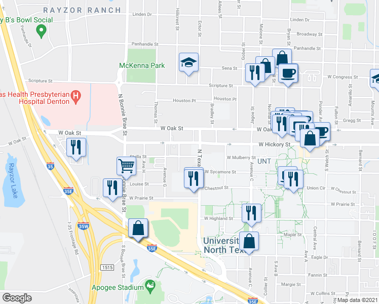 map of restaurants, bars, coffee shops, grocery stores, and more near 2119 West Hickory Street in Denton