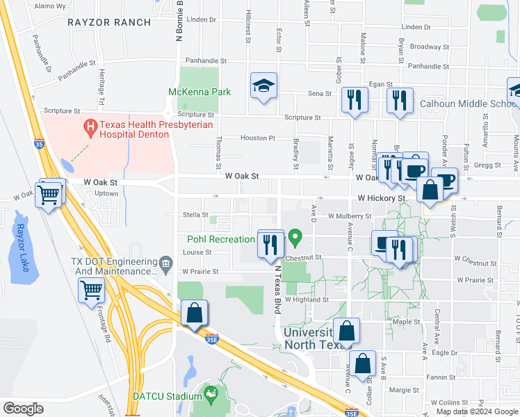 map of restaurants, bars, coffee shops, grocery stores, and more near 2119 West Hickory Street in Denton