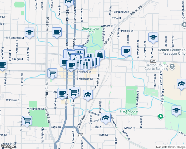 map of restaurants, bars, coffee shops, grocery stores, and more near 315a East Hickory Street in Denton
