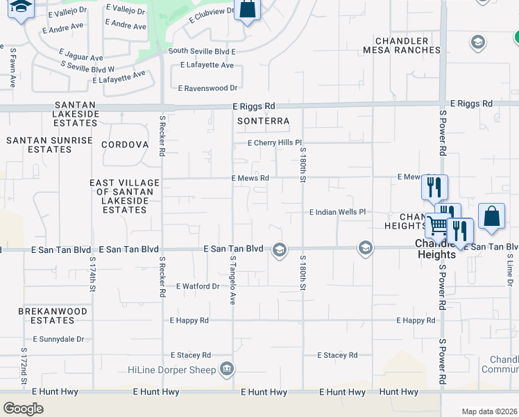 map of restaurants, bars, coffee shops, grocery stores, and more near 25710 South 179th Place in Queen Creek