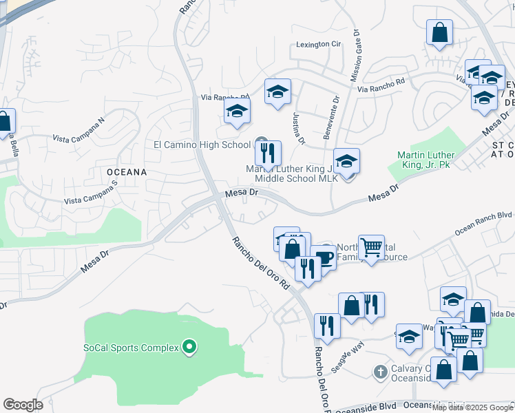 map of restaurants, bars, coffee shops, grocery stores, and more near 3927 Mesa Drive in Oceanside