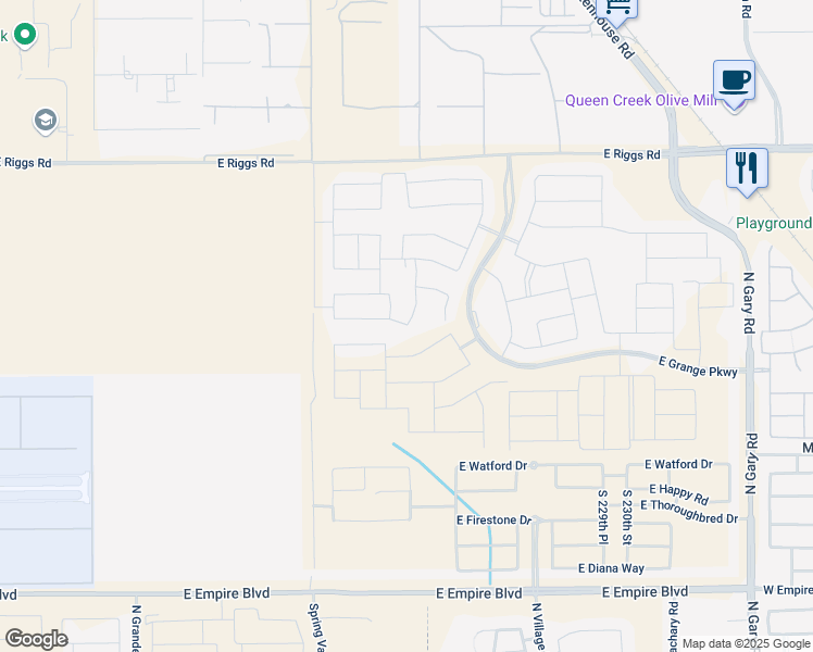 map of restaurants, bars, coffee shops, grocery stores, and more near 22239 East Mews Road in Queen Creek