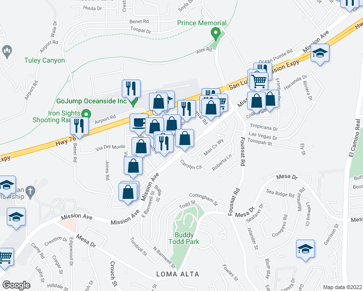 map of restaurants, bars, coffee shops, grocery stores, and more near 3212 Mission Avenue in Oceanside