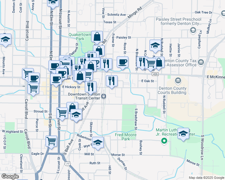 map of restaurants, bars, coffee shops, grocery stores, and more near 601 East Hickory Street in Denton