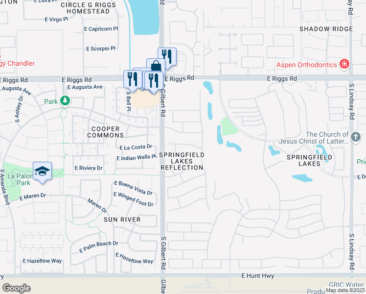 map of restaurants, bars, coffee shops, grocery stores, and more near 3099 East Runaway Bay Place in Chandler