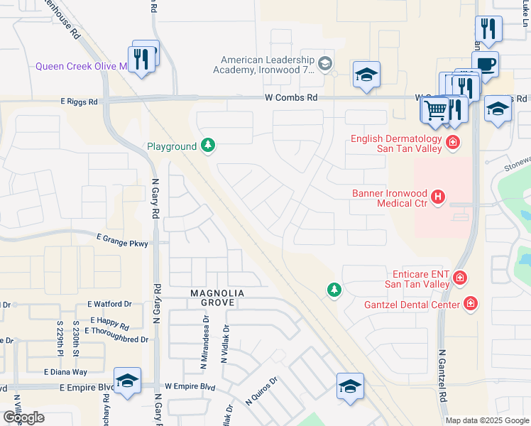 map of restaurants, bars, coffee shops, grocery stores, and more near 36932 North Coronado Lane in San Tan Valley