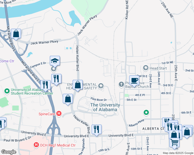 map of restaurants, bars, coffee shops, grocery stores, and more near A104 Helen Keller Boulevard in Tuscaloosa