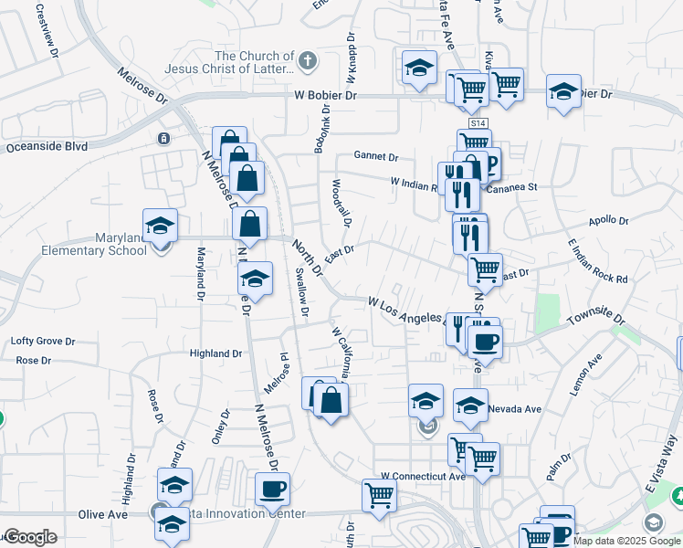 map of restaurants, bars, coffee shops, grocery stores, and more near in Vista