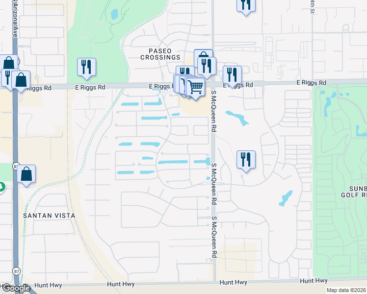 map of restaurants, bars, coffee shops, grocery stores, and more near 889 East Runaway Bay Place in Chandler