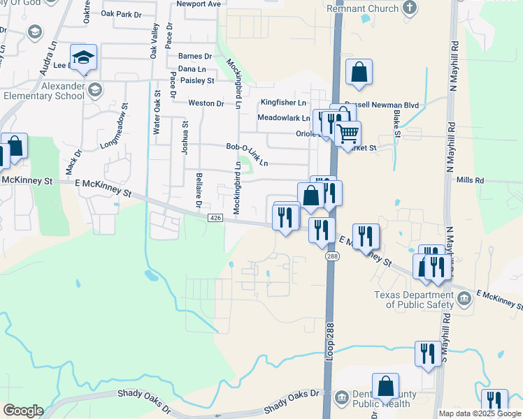 map of restaurants, bars, coffee shops, grocery stores, and more near 129 Bluebird Circle in Denton
