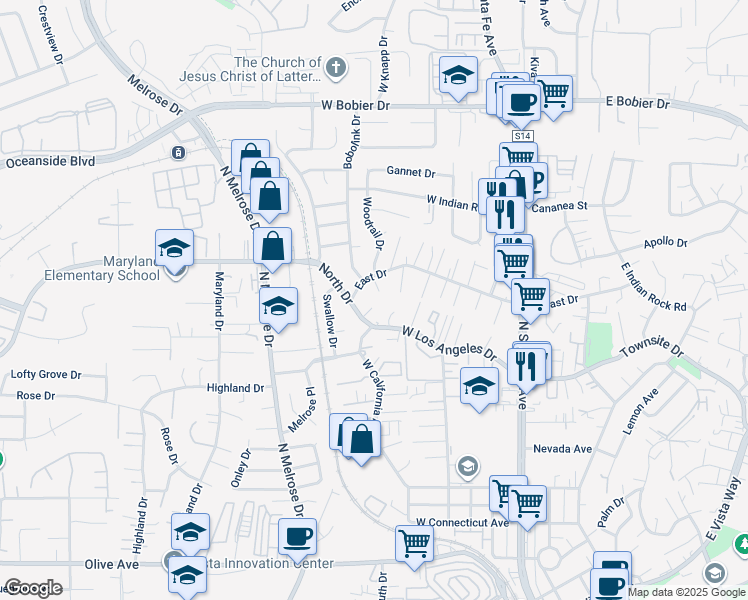 map of restaurants, bars, coffee shops, grocery stores, and more near in Vista