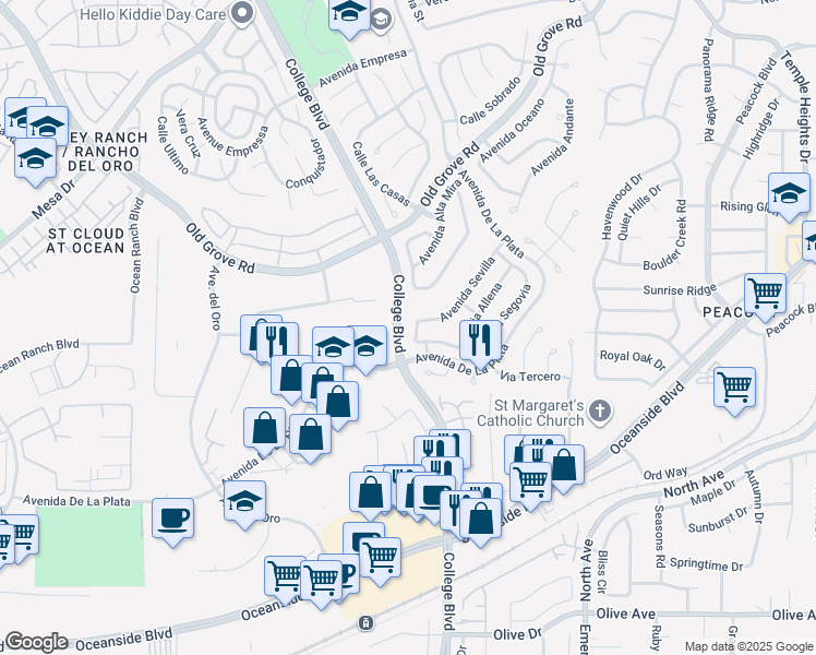 map of restaurants, bars, coffee shops, grocery stores, and more near 1862 Avenida Aragon in Oceanside