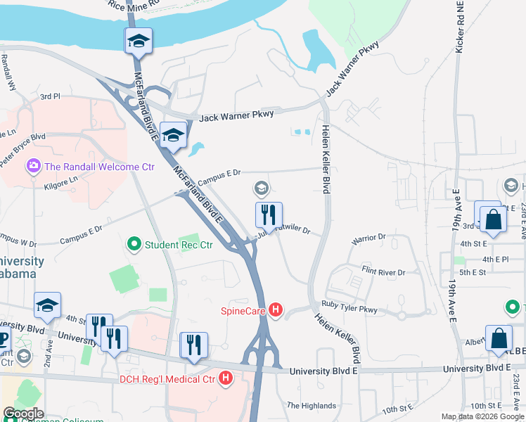 map of restaurants, bars, coffee shops, grocery stores, and more near 315 McFarland Boulevard East in Tuscaloosa