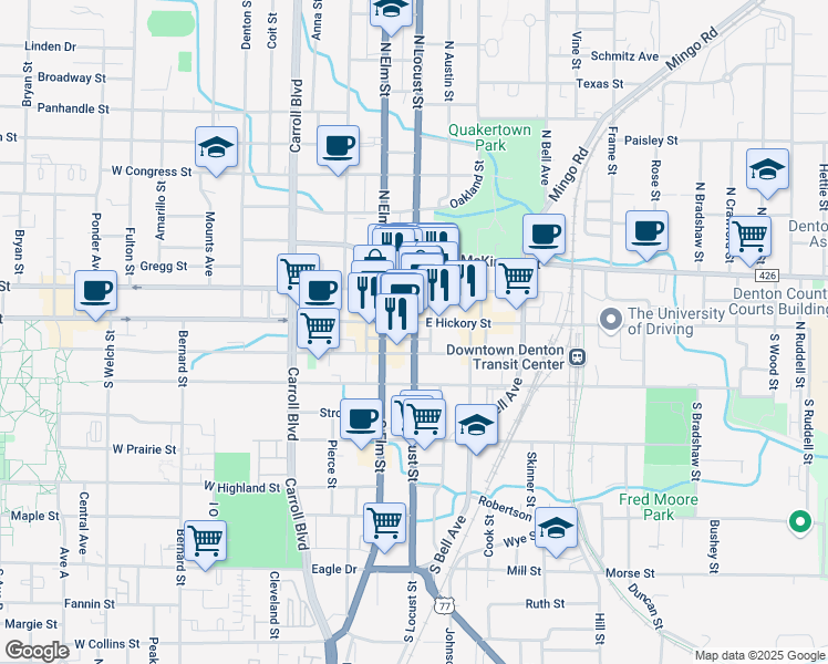map of restaurants, bars, coffee shops, grocery stores, and more near in Denton