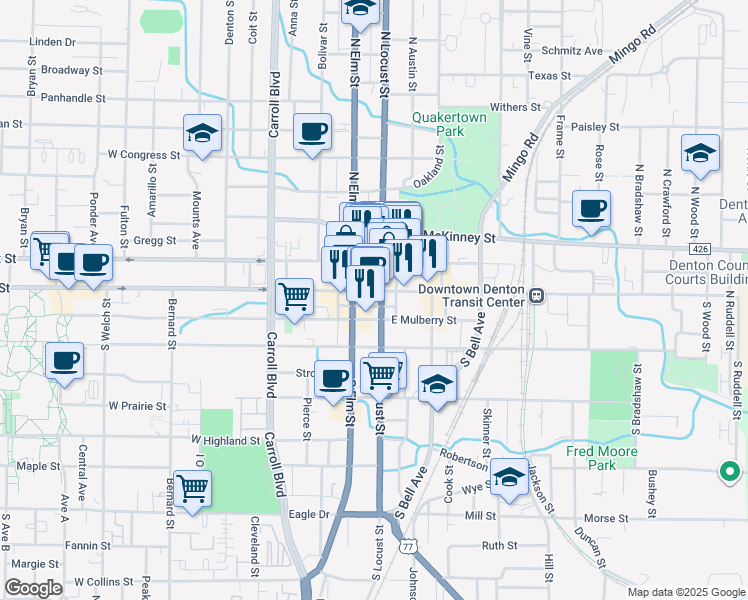 map of restaurants, bars, coffee shops, grocery stores, and more near in Denton
