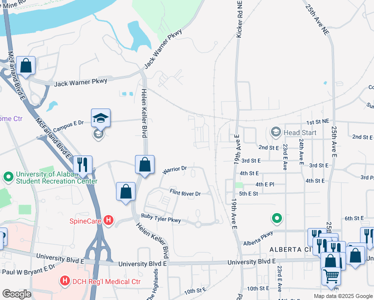 map of restaurants, bars, coffee shops, grocery stores, and more near 303 Helen Keller Boulevard in Tuscaloosa