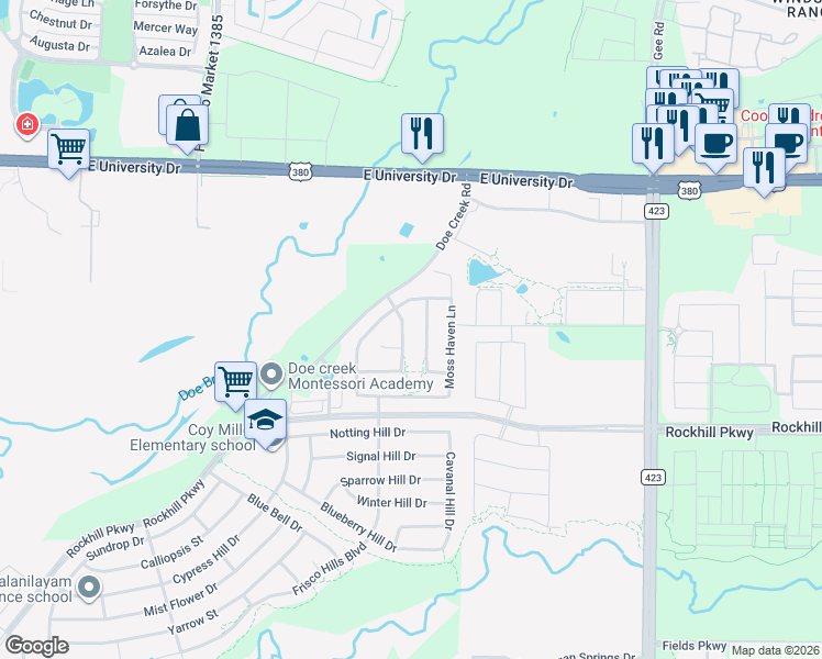 map of restaurants, bars, coffee shops, grocery stores, and more near 16435 Willowick Lane in Little Elm