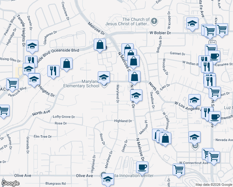 map of restaurants, bars, coffee shops, grocery stores, and more near 703 Karena Court in Vista