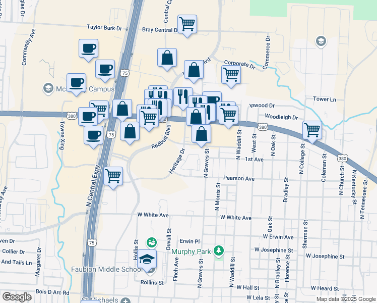 map of restaurants, bars, coffee shops, grocery stores, and more near 1690 Heritage Drive in McKinney